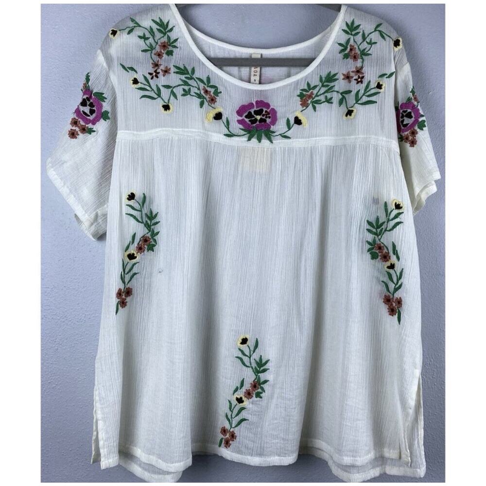 NWT RAGA Embroidered Boho Peasant Top White Floral Gauze Anthropologie Style S - Picture 2 of 10